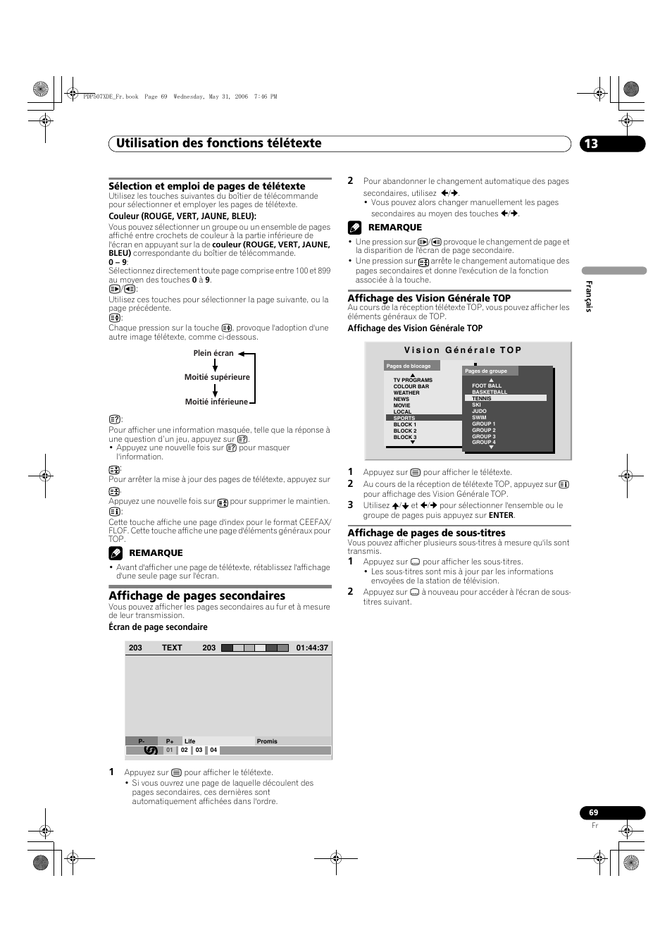 Utilisation des fonctions télétexte 13, Affichage de pages secondaires | Pioneer PDP-507XD User Manual | Page 141 / 218