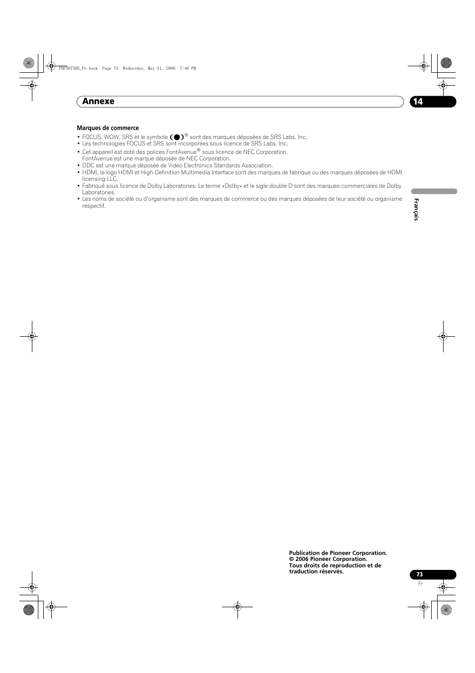 Annexe 14 | Pioneer PDP-507XD User Manual | Page 145 / 218