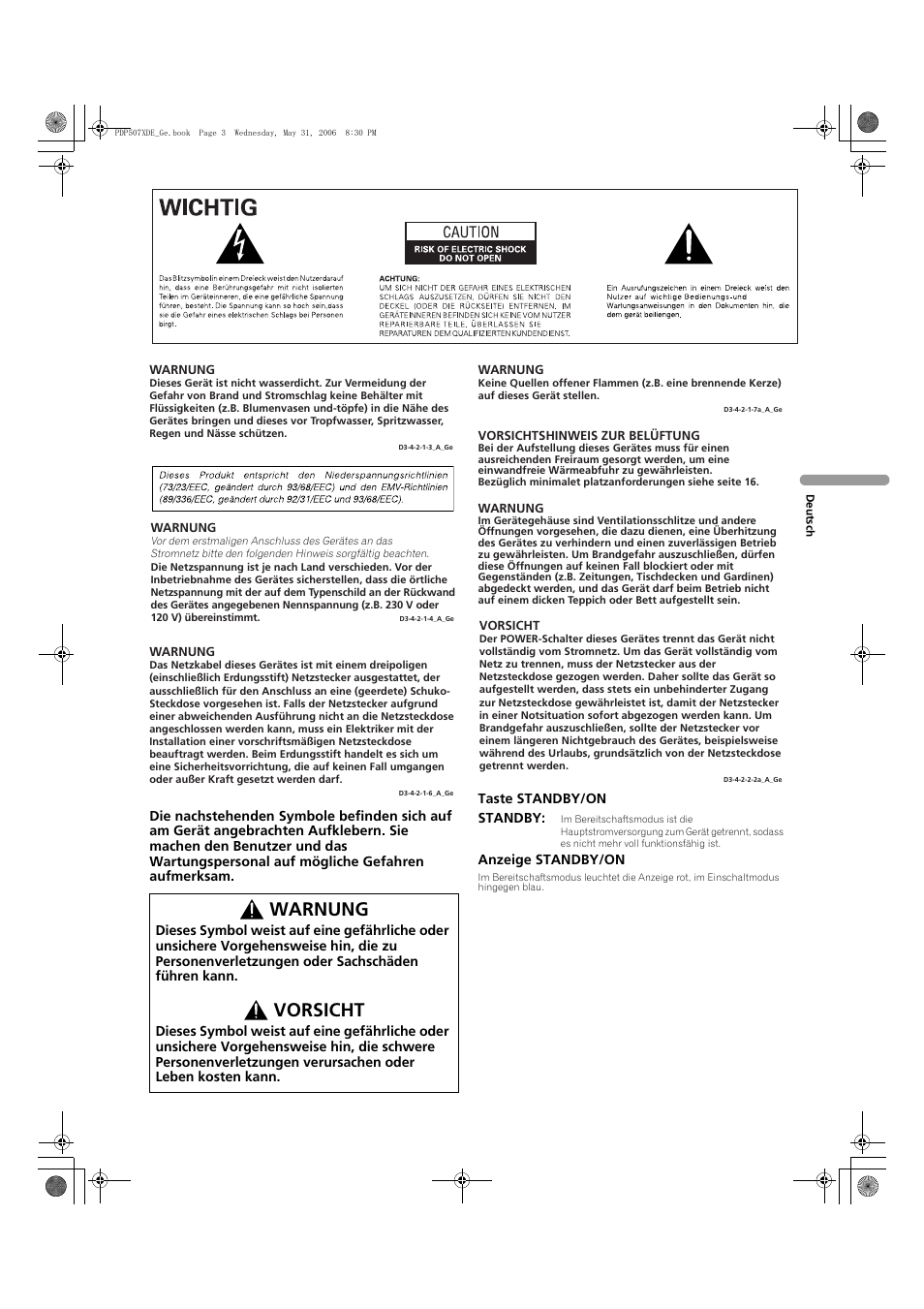 Warnung, Vorsicht | Pioneer PDP-507XD User Manual | Page 147 / 218