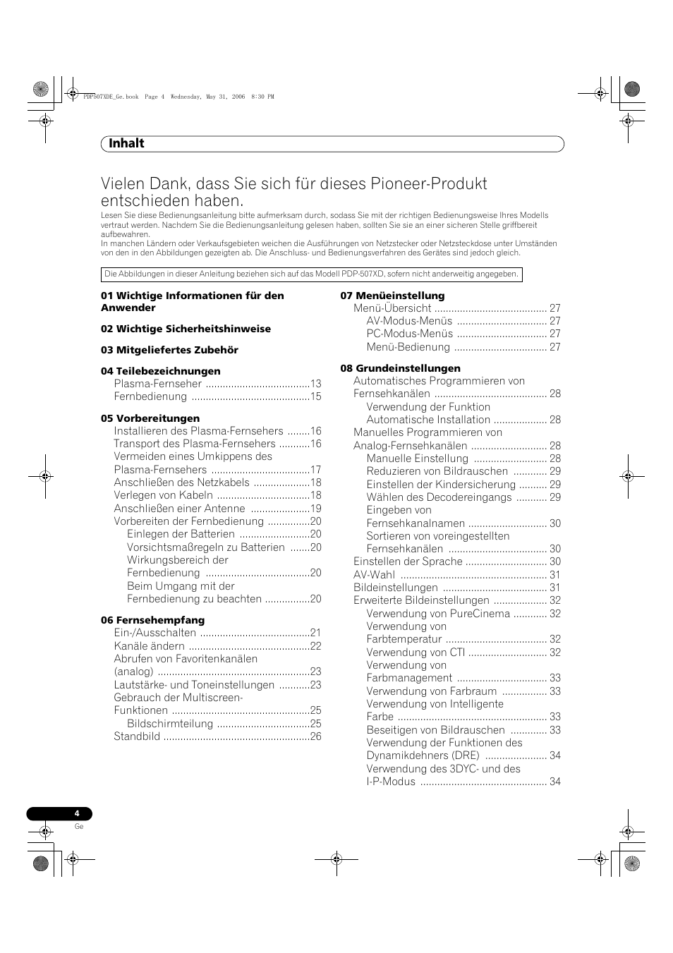 Bedienungsanleitung, Inhalt | Pioneer PDP-507XD User Manual | Page 148 / 218