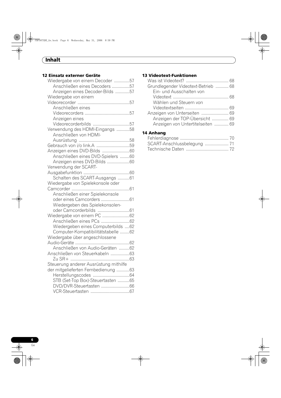 Inhalt | Pioneer PDP-507XD User Manual | Page 150 / 218