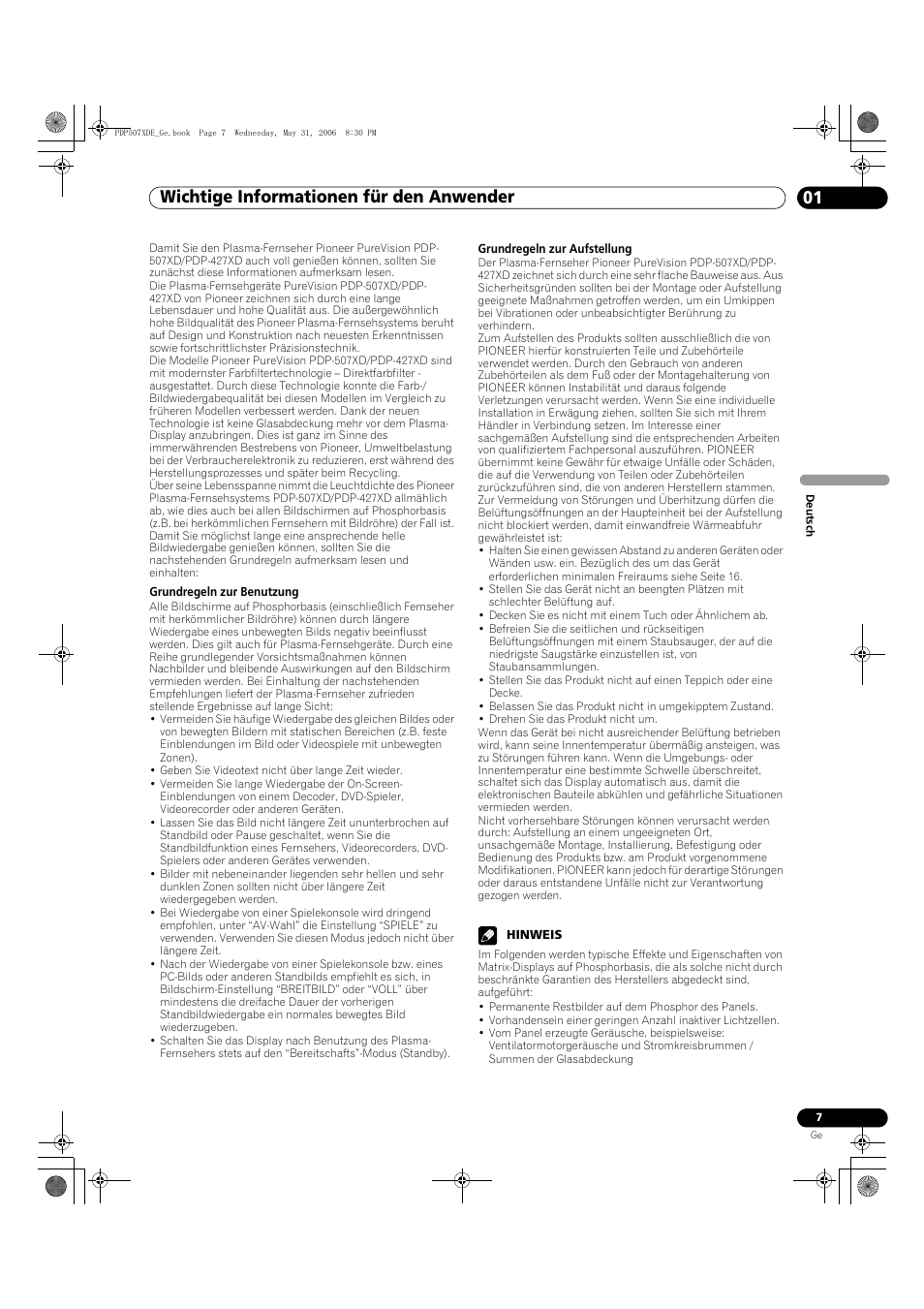 01 wichtige informationen für den anwender, Wichtige informationen für den anwender 01, Wichtige informationen für den anwender | Pioneer PDP-507XD User Manual | Page 151 / 218