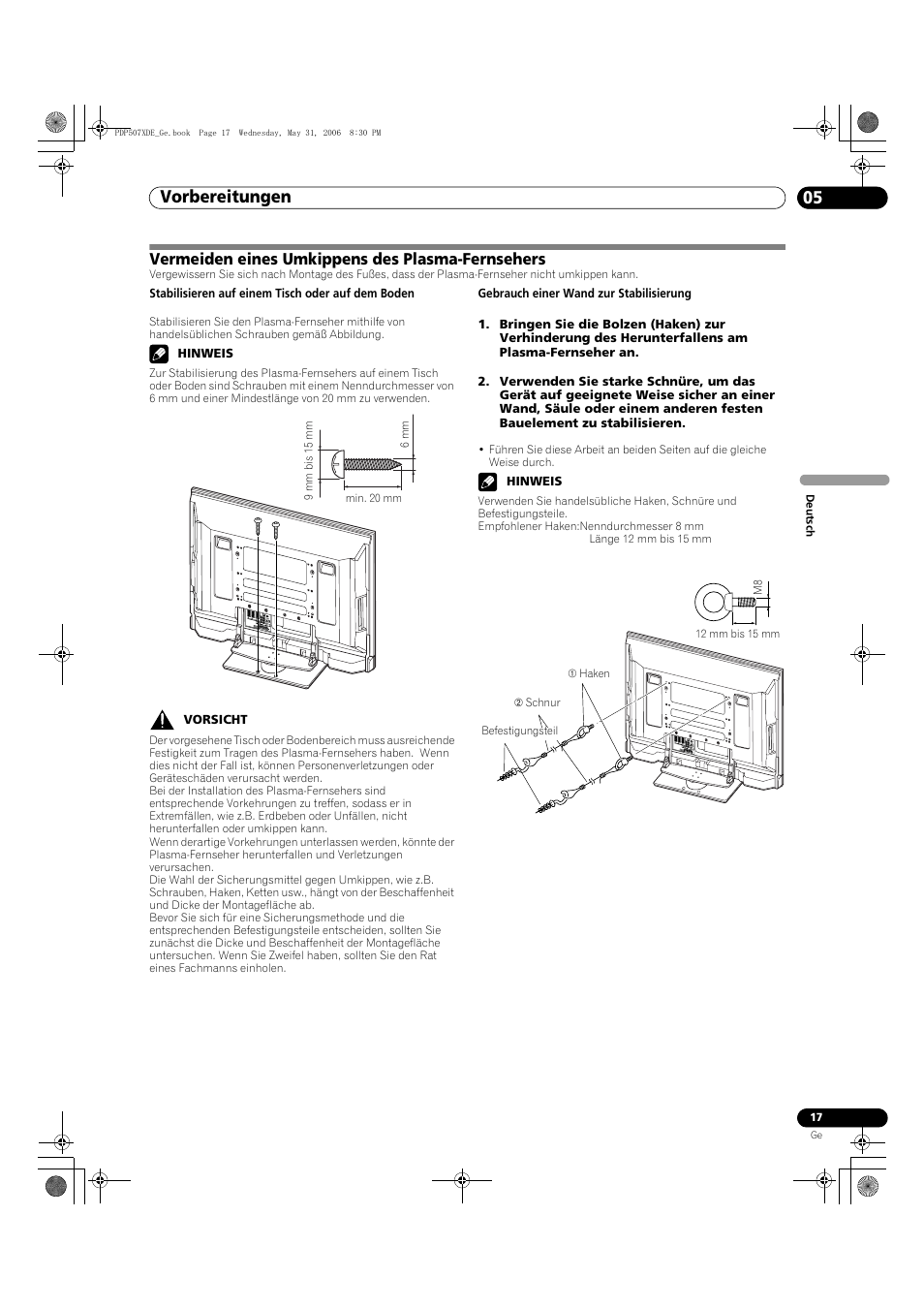 Vermeiden eines umkippens des plasma-fernsehers, Vorbereitungen 05 | Pioneer PDP-507XD User Manual | Page 161 / 218