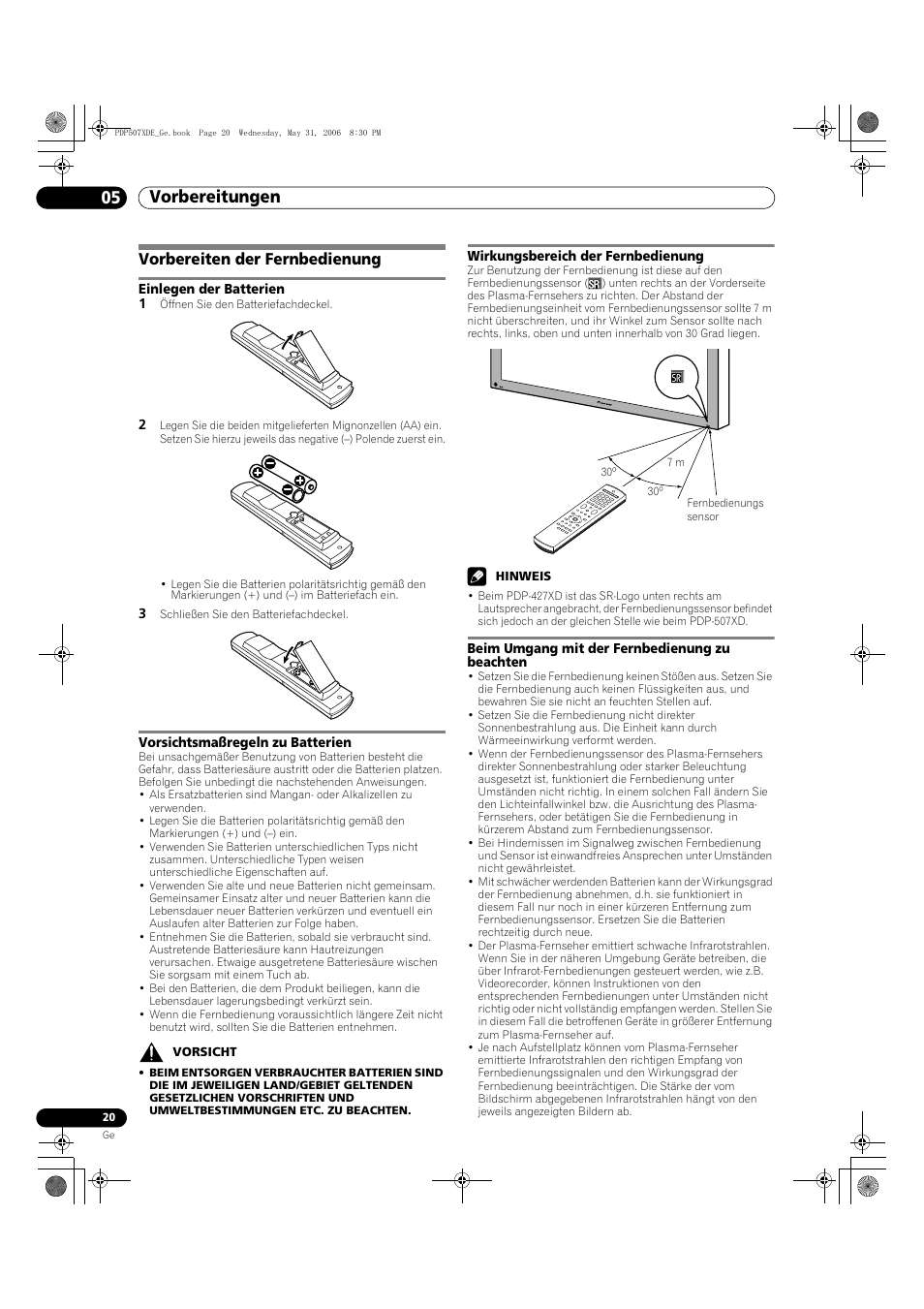 Vorbereiten der fernbedienung, Vorbereitungen 05 | Pioneer PDP-507XD User Manual | Page 164 / 218