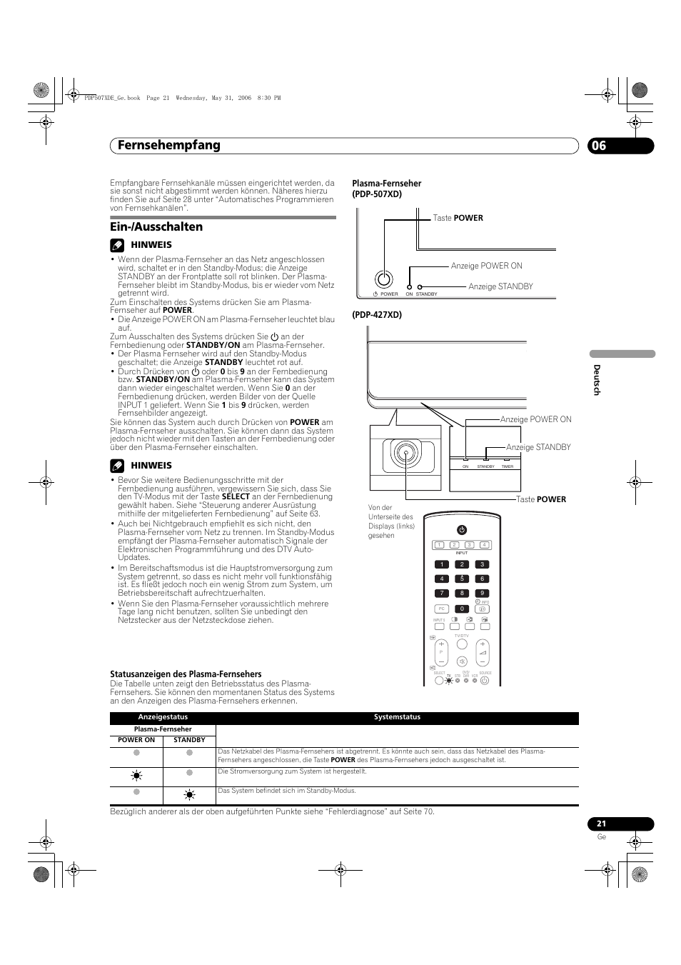 06 fernsehempfang, Ein-/ausschalten, Fernsehempfang 06 | Fernsehempfang | Pioneer PDP-507XD User Manual | Page 165 / 218