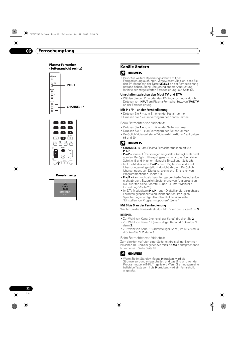 Kanäle ändern, Fernsehempfang 06 | Pioneer PDP-507XD User Manual | Page 166 / 218