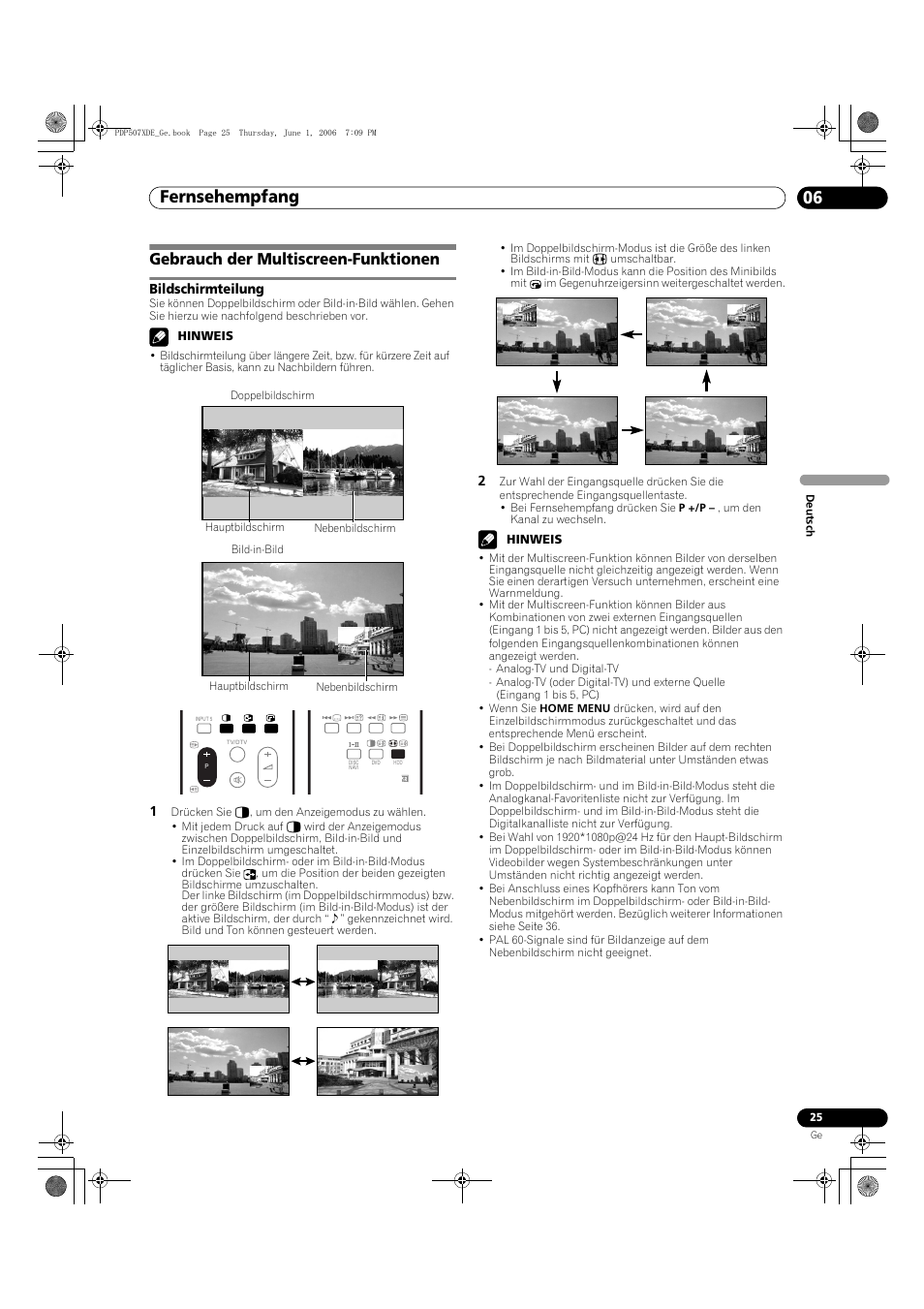 Gebrauch der multiscreen- funktionen, Bildschirmteilung, Fernsehempfang 06 | Gebrauch der multiscreen-funktionen | Pioneer PDP-507XD User Manual | Page 169 / 218