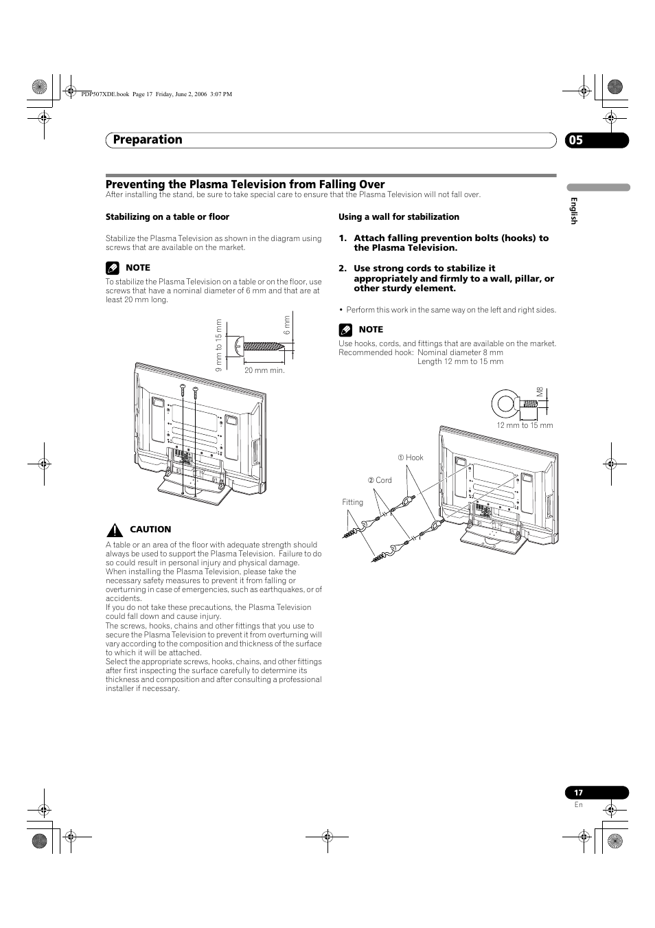 Preventing the plasma television from falling over, Preparation 05 | Pioneer PDP-507XD User Manual | Page 17 / 218