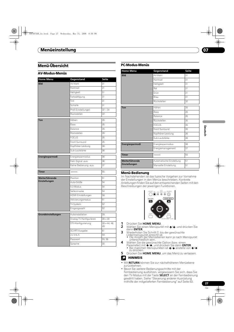 07 menüeinstellung, Menü-übersicht, Av-modus-menüs pc-modus-menüs menü-bedienung | Menüeinstellung 07, Menüeinstellung, Hinweis | Pioneer PDP-507XD User Manual | Page 171 / 218