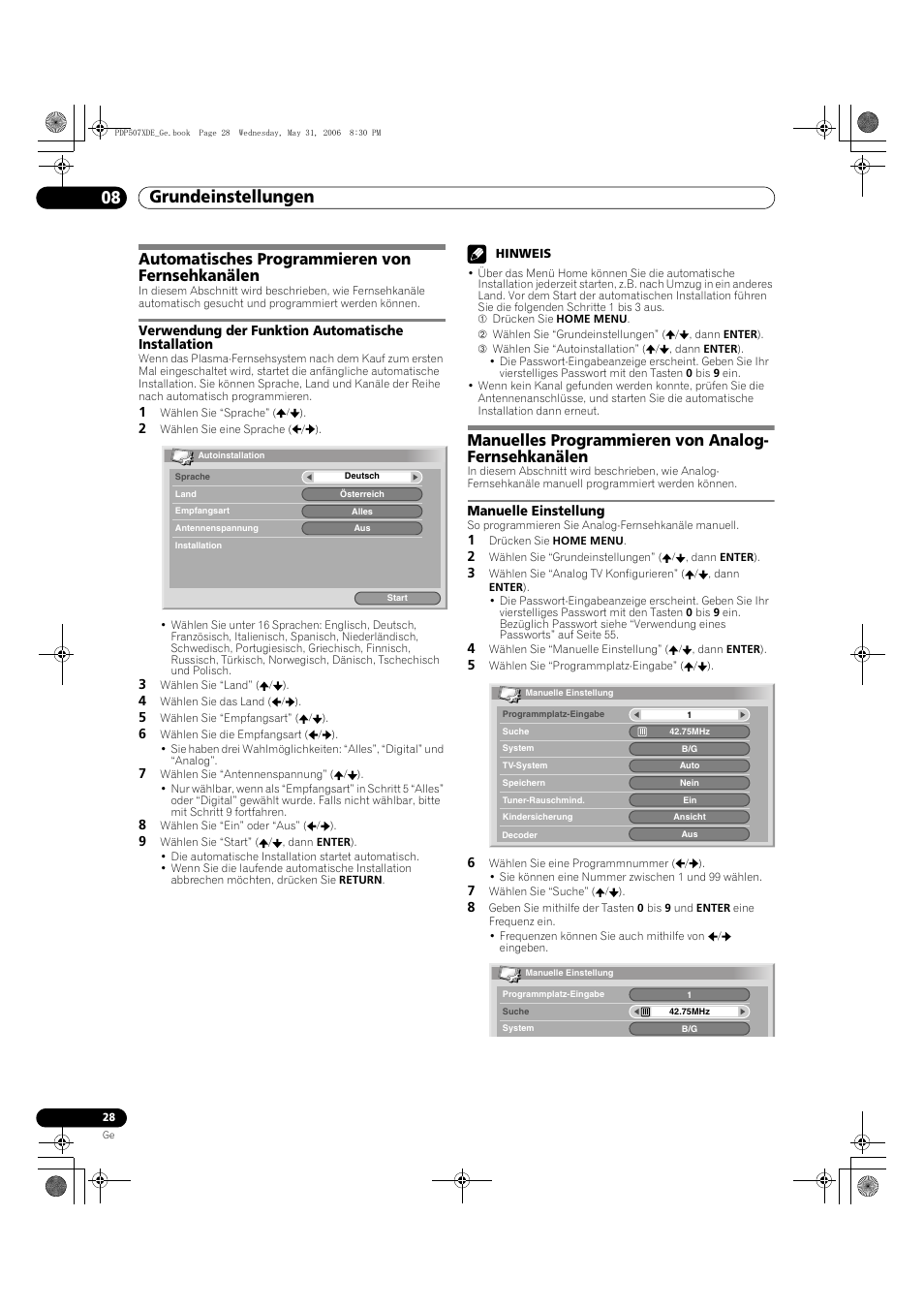 08 grundeinstellungen, Automatisches programmieren von fernsehkanälen, Verwendung der funktion automatische installation | Manuelles programmieren von analog-fernsehkanälen, Manuelle einstellung, Grundeinstellungen 08 grundeinstellungen, Manuelles programmieren von analog- fernsehkanälen | Pioneer PDP-507XD User Manual | Page 172 / 218