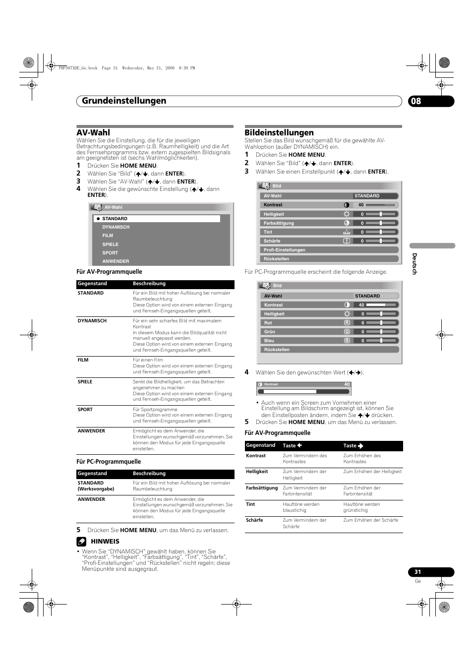 Av-wahl bildeinstellungen, Grundeinstellungen 08, Av-wahl | Bildeinstellungen | Pioneer PDP-507XD User Manual | Page 175 / 218