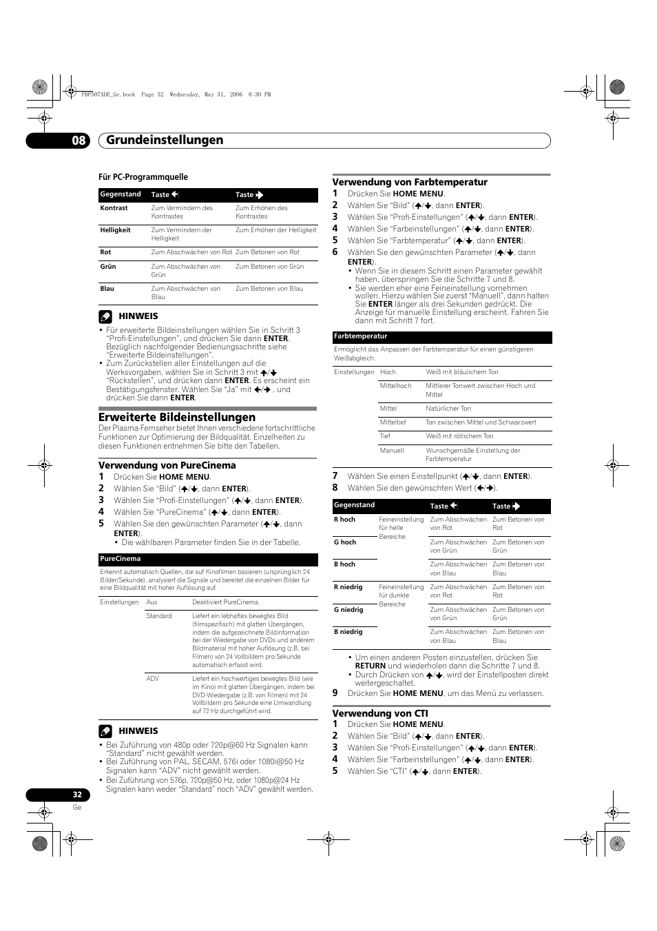 Erweiterte bildeinstellungen, Grundeinstellungen 08 | Pioneer PDP-507XD User Manual | Page 176 / 218