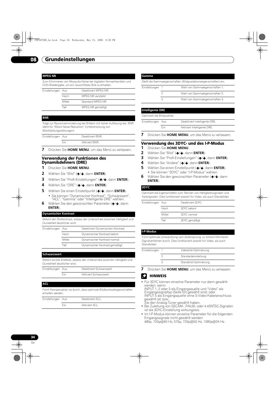 Grundeinstellungen 08, Verwendung des 3dyc- und des i-p-modus 1 | Pioneer PDP-507XD User Manual | Page 178 / 218