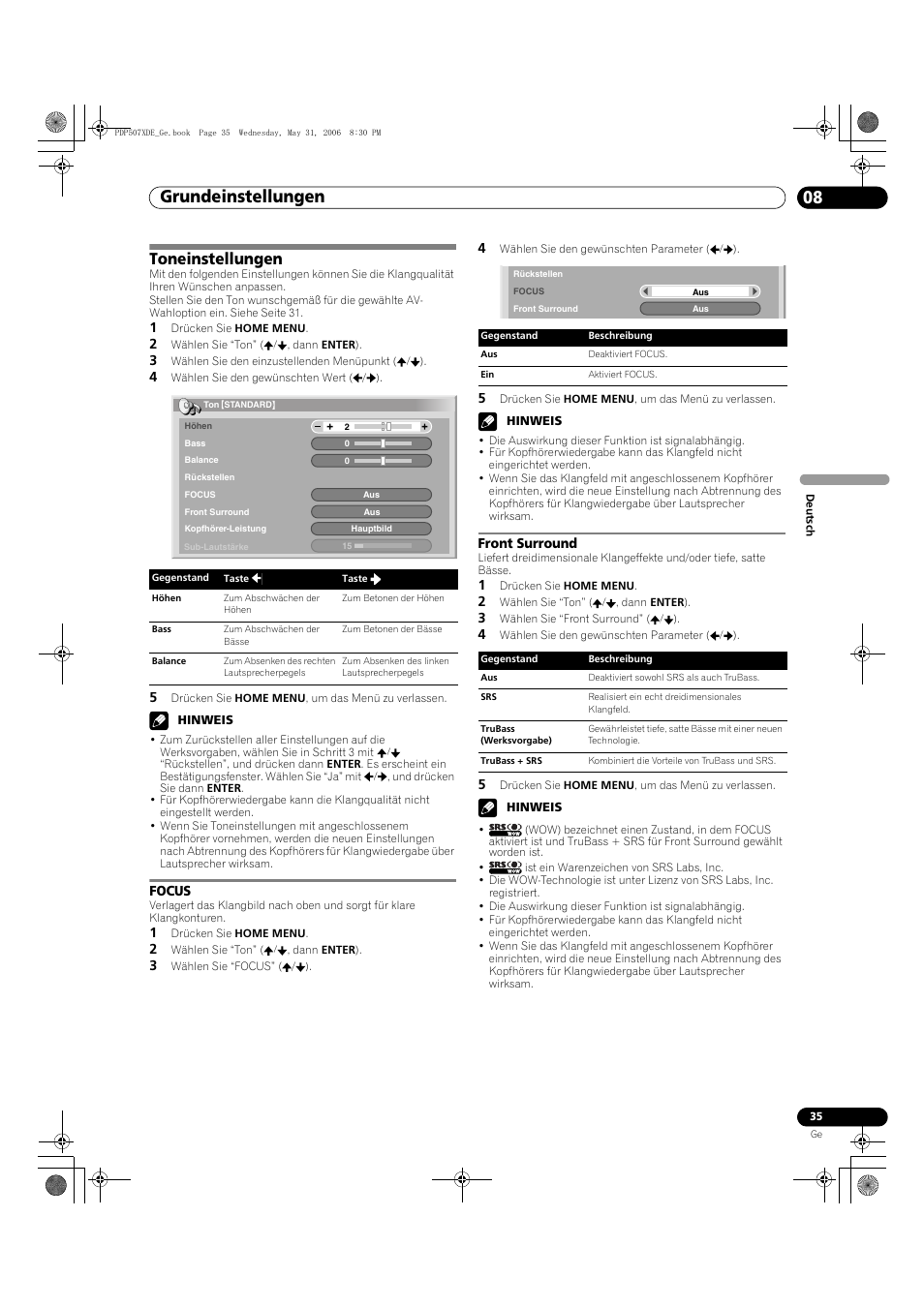 Toneinstellungen, Focus front surround, Grundeinstellungen 08 | Pioneer PDP-507XD User Manual | Page 179 / 218