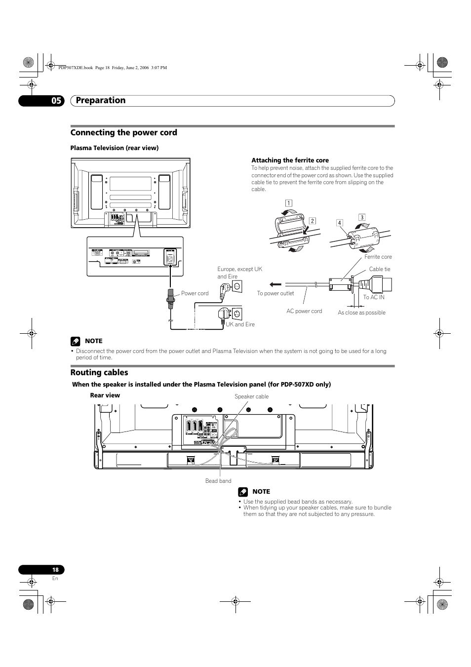 Connecting the power cord routing cables, Preparation 05, Connecting the power cord | Routing cables | Pioneer PDP-507XD User Manual | Page 18 / 218