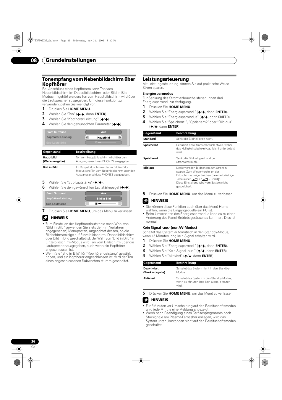 Grundeinstellungen 08, Tonempfang vom nebenbildschirm über kopfhörer, Leistungssteuerung | Pioneer PDP-507XD User Manual | Page 180 / 218