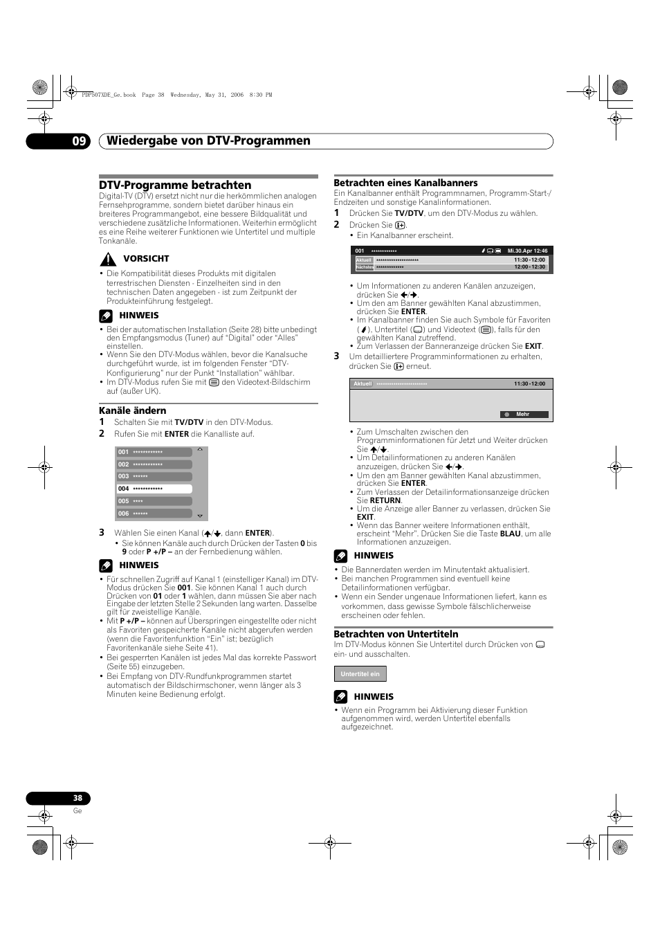 09 wiedergabe von dtv-programmen, Dtv-programme betrachten | Pioneer PDP-507XD User Manual | Page 182 / 218