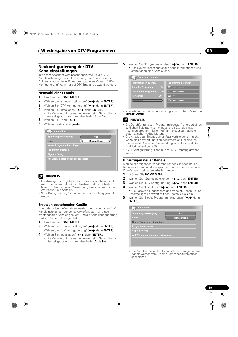 Neukonfigurierung der dtv- kanaleinstellungen, Wiedergabe von dtv-programmen 09 | Pioneer PDP-507XD User Manual | Page 183 / 218