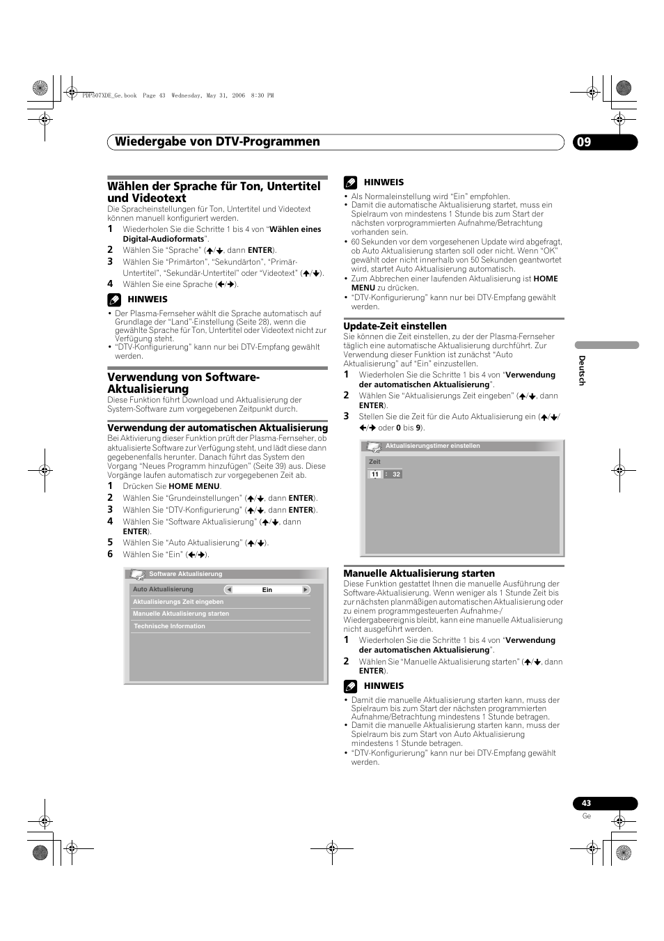 Wiedergabe von dtv-programmen 09, Verwendung von software- aktualisierung | Pioneer PDP-507XD User Manual | Page 187 / 218