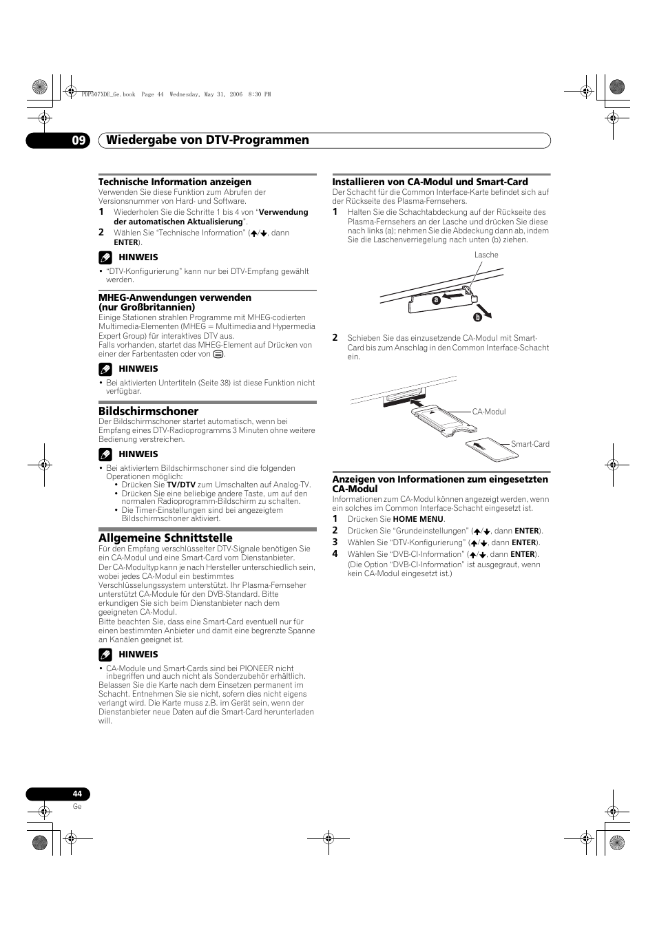 Bildschirmschoner allgemeine schnittstelle, Wiedergabe von dtv-programmen 09, Bildschirmschoner | Allgemeine schnittstelle | Pioneer PDP-507XD User Manual | Page 188 / 218