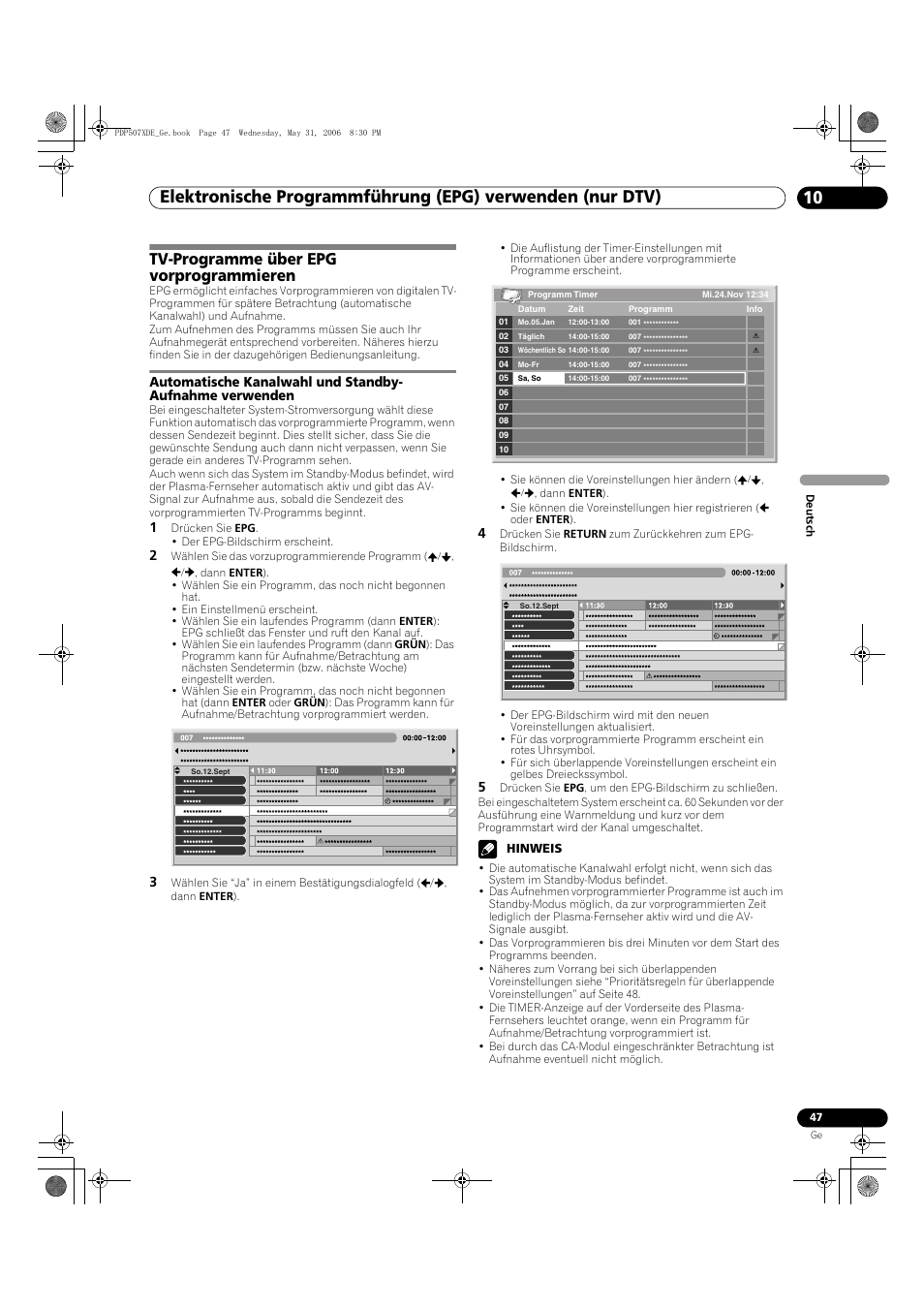 Tv-programme über epg vorprogrammieren | Pioneer PDP-507XD User Manual | Page 191 / 218