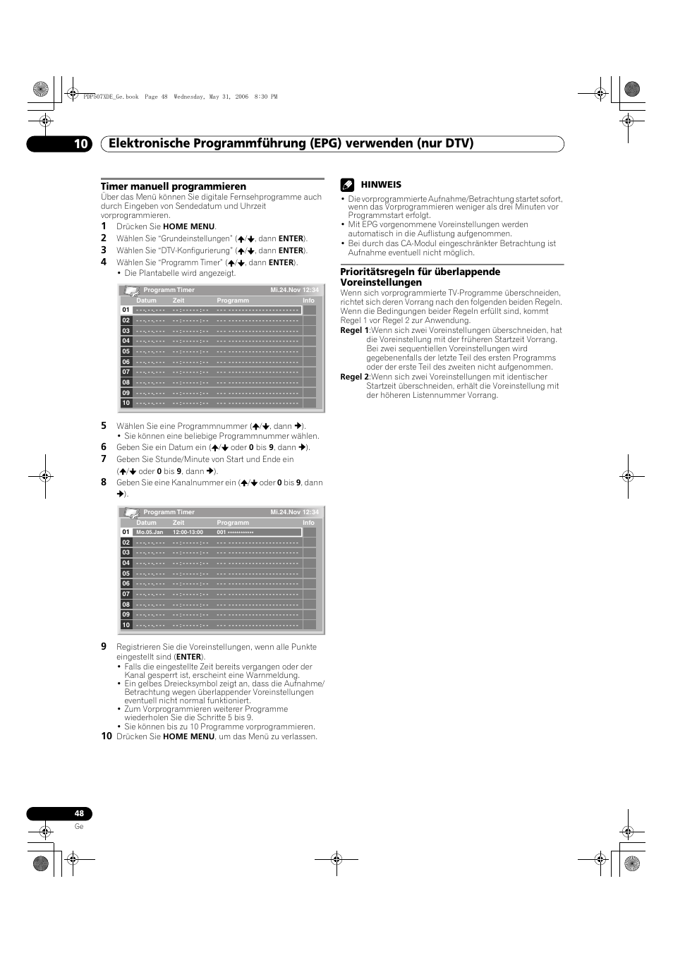 Timer manuell programmieren, Prioritätsregeln für überlappende voreinstellungen, Hinweis | Pioneer PDP-507XD User Manual | Page 192 / 218
