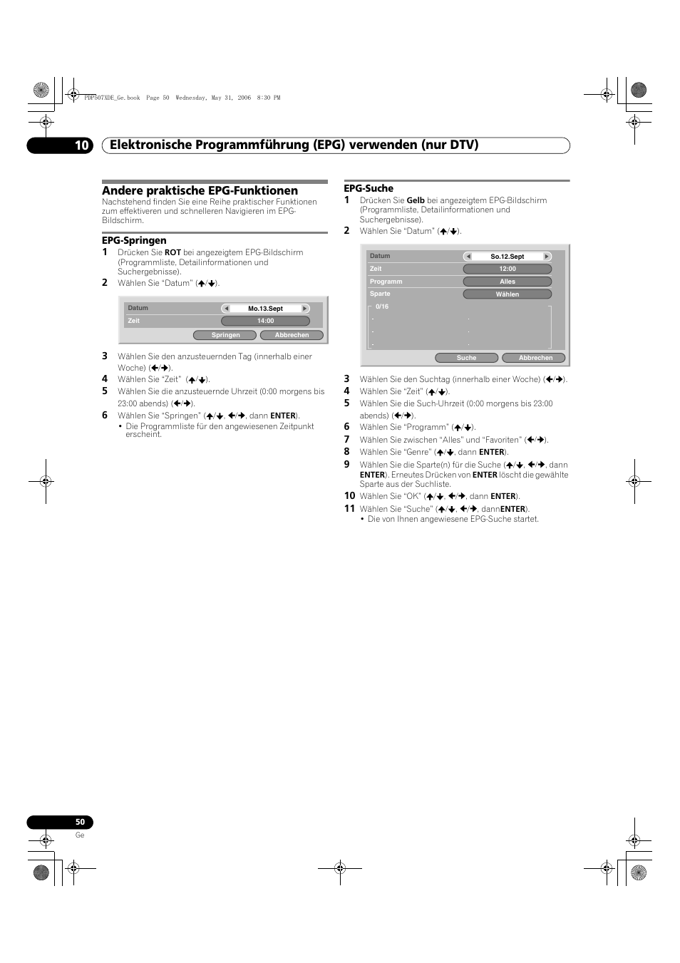 Andere praktische epg-funktionen, Epg-springen epg-suche | Pioneer PDP-507XD User Manual | Page 194 / 218