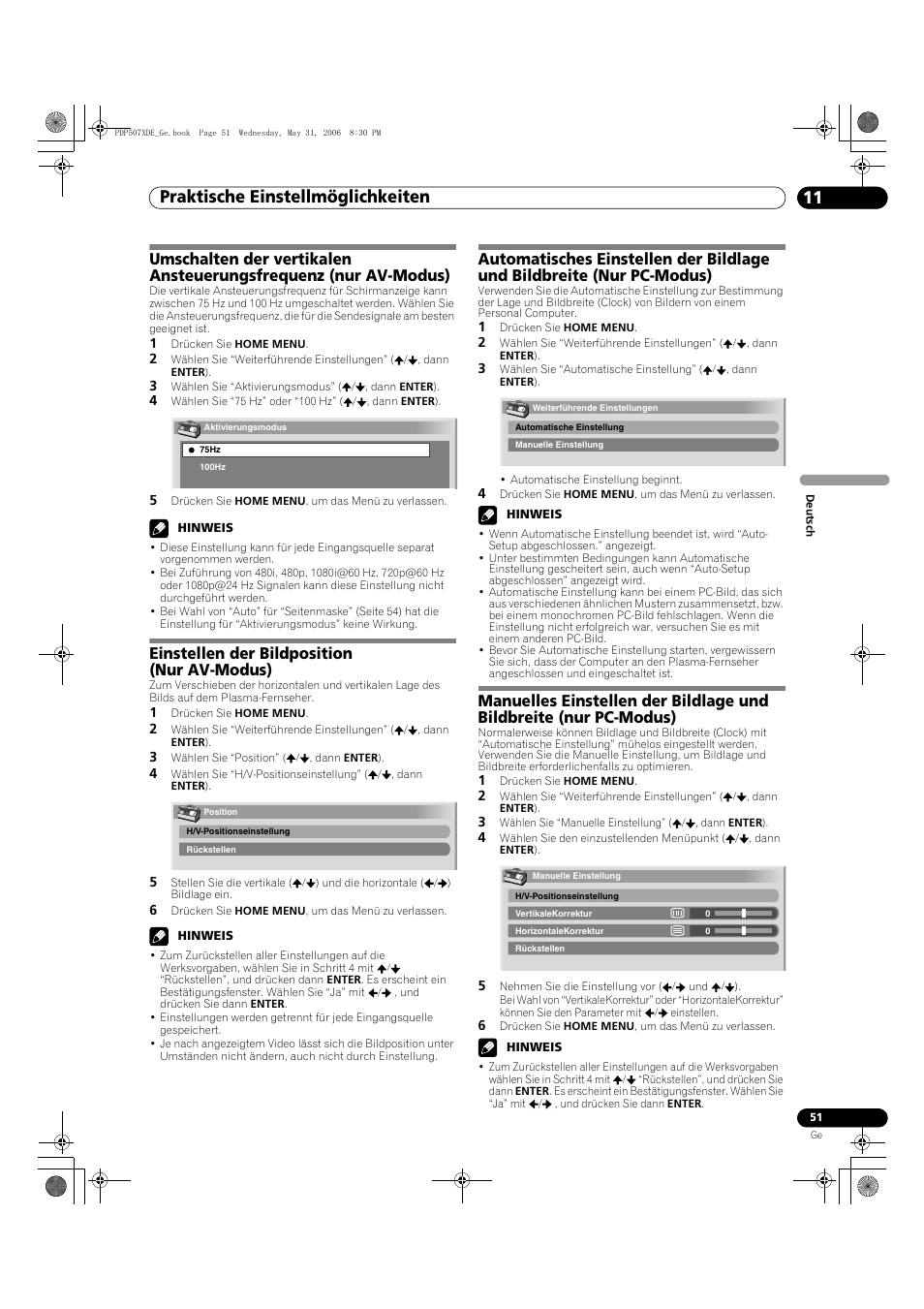 11 praktische einstellmöglichkeiten, Praktische einstellmöglichkeiten 11, Praktische einstellmöglichkeiten | Einstellen der bildposition (nur av-modus) | Pioneer PDP-507XD User Manual | Page 195 / 218