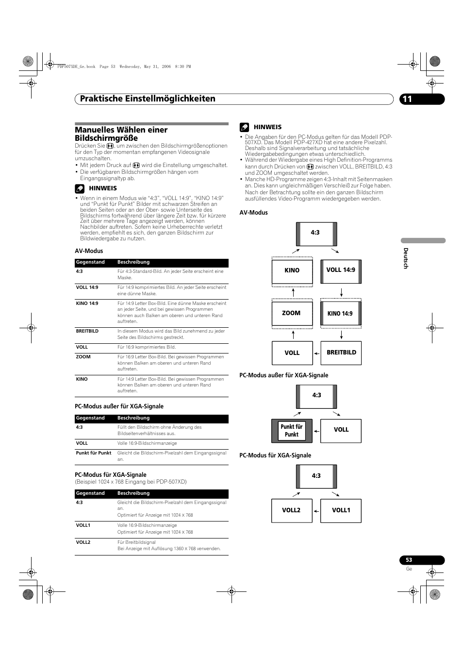 Manuelles wählen einer bildschirmgröße, Praktische einstellmöglichkeiten 11 | Pioneer PDP-507XD User Manual | Page 197 / 218