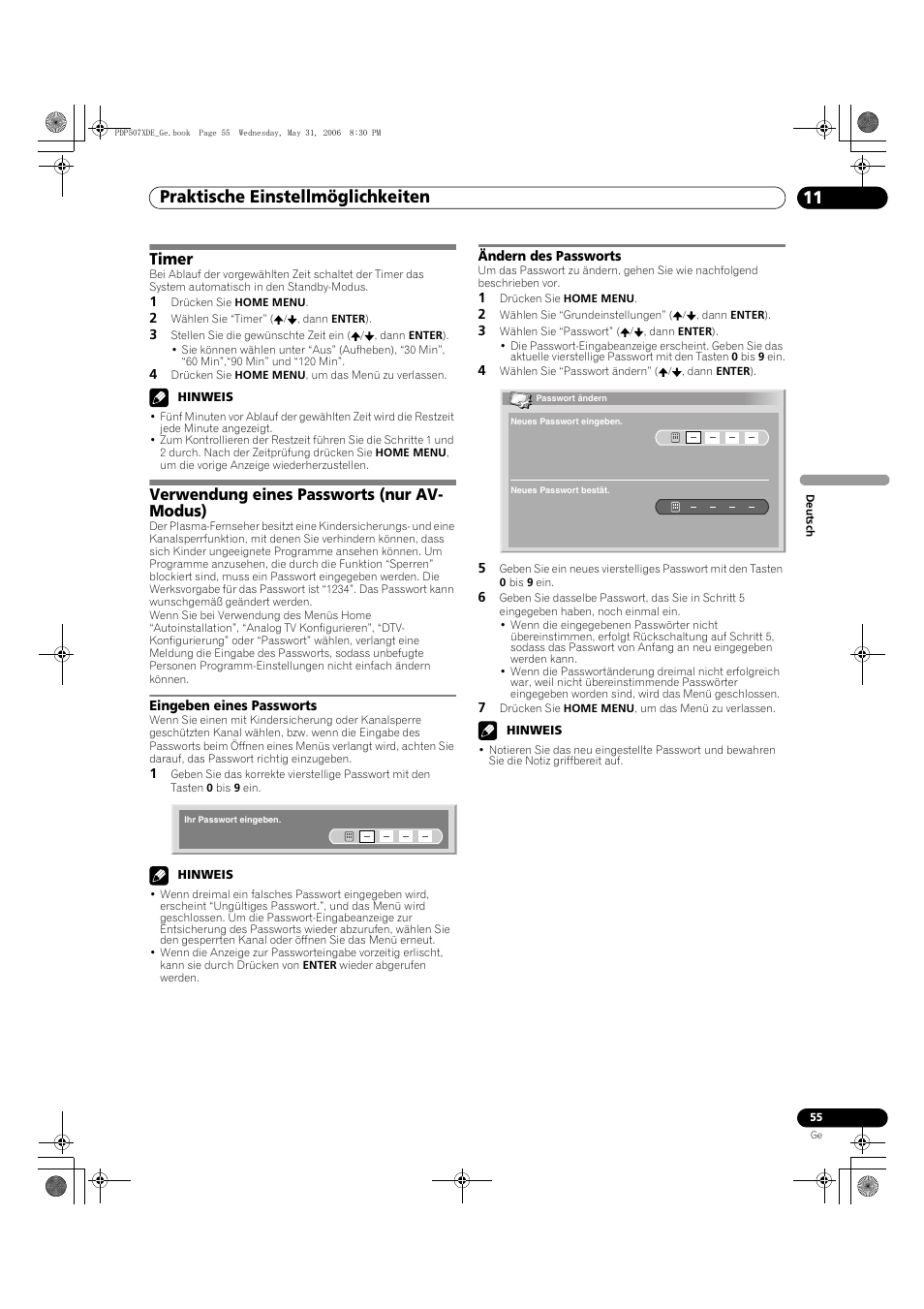 Timer verwendung eines passworts (nur av-modus), Eingeben eines passworts ändern des passworts, Praktische einstellmöglichkeiten 11 | Timer, Verwendung eines passworts (nur av- modus) | Pioneer PDP-507XD User Manual | Page 199 / 218