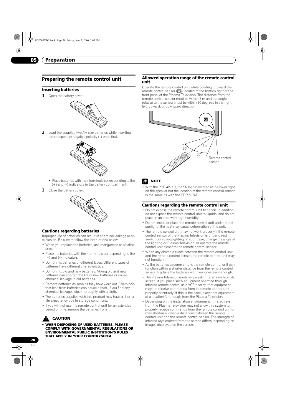 Preparing the remote control unit, Preparation 05 | Pioneer PDP-507XD User Manual | Page 20 / 218