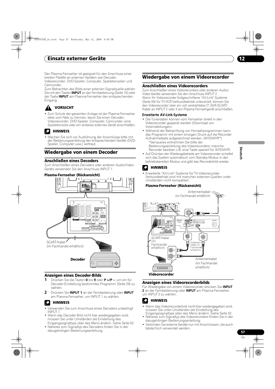 12 einsatz externer geräte, Wiedergabe von einem decoder, Wiedergabe von einem videorecorder | Einsatz externer geräte 12, Einsatz externer geräte | Pioneer PDP-507XD User Manual | Page 201 / 218