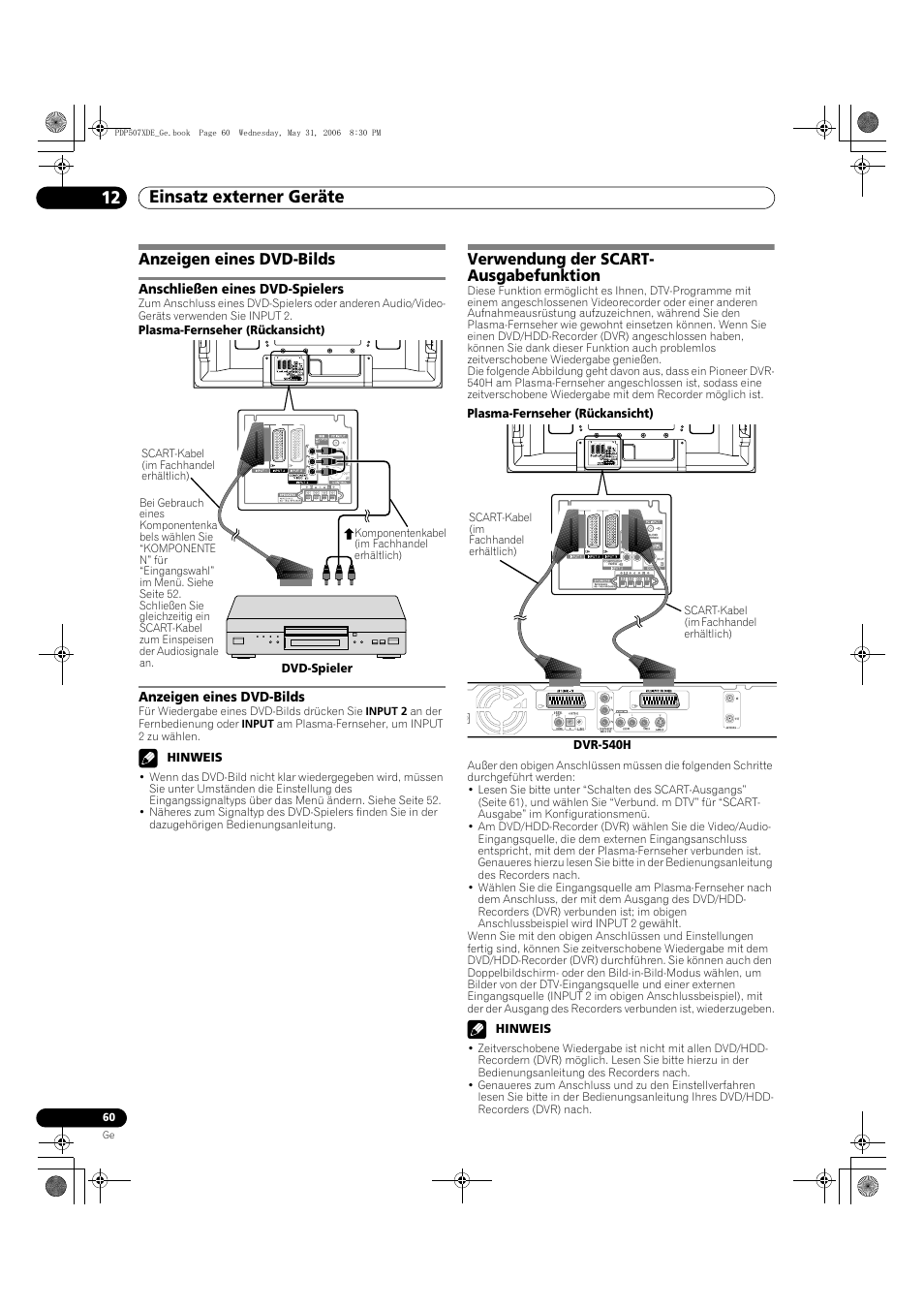 Anzeigen eines dvd-bilds, Verwendung der scart- ausgabefunktion, Einsatz externer geräte 12 | Pioneer PDP-507XD User Manual | Page 204 / 218