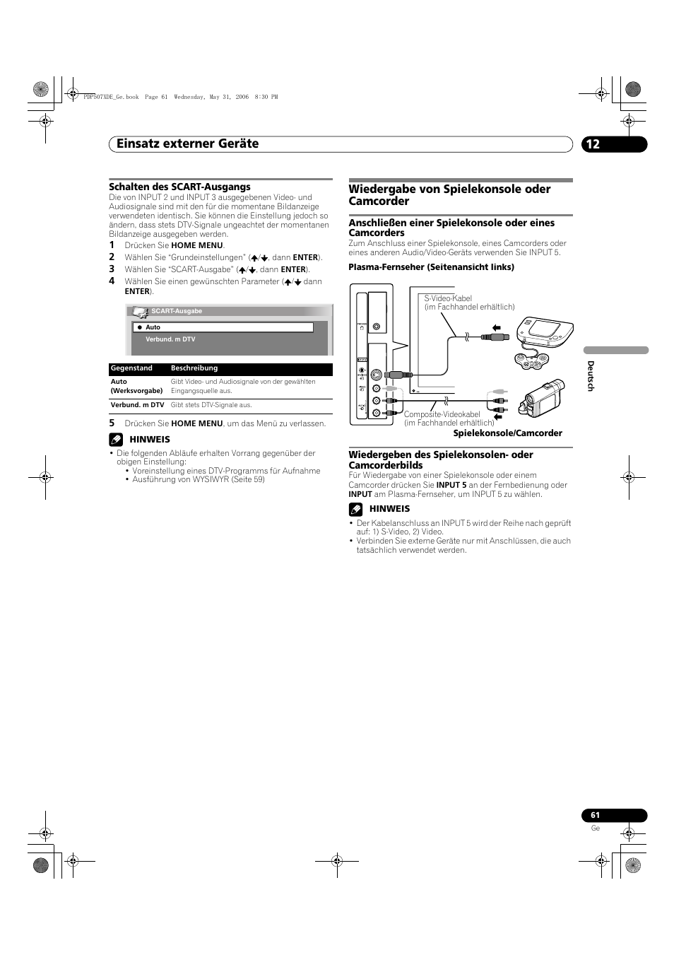 Schalten des scart-ausgangs, Wiedergabe von spielekonsole oder camcorder, Einsatz externer geräte 12 | Pioneer PDP-507XD User Manual | Page 205 / 218