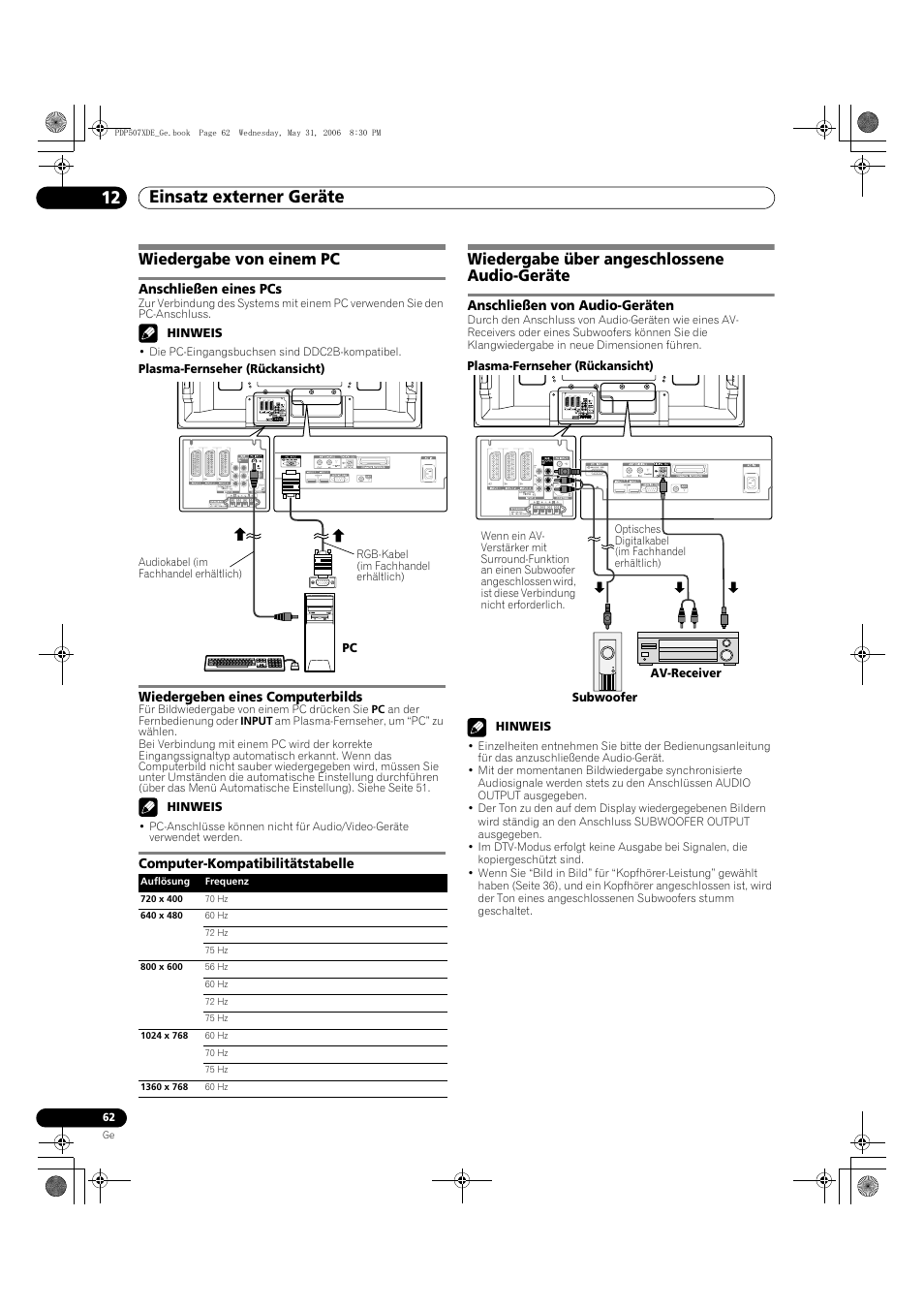 Wiedergabe von einem pc, Wiedergabe über angeschlossene audio-geräte, Anschließen von audio-geräten | Einsatz externer geräte 12 | Pioneer PDP-507XD User Manual | Page 206 / 218