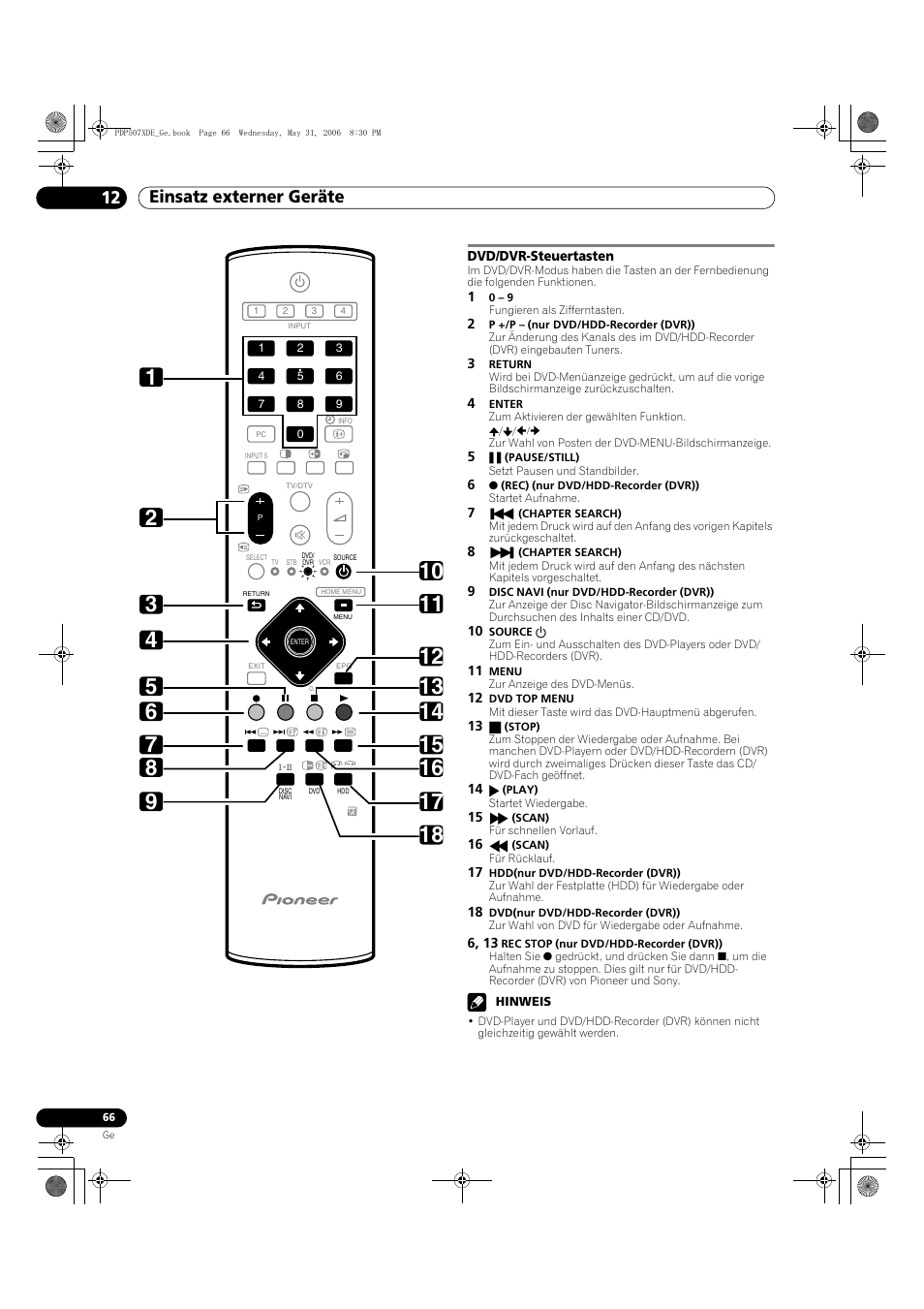 Dvd/dvr-steuertasten, Einsatz externer geräte 12 | Pioneer PDP-507XD User Manual | Page 210 / 218