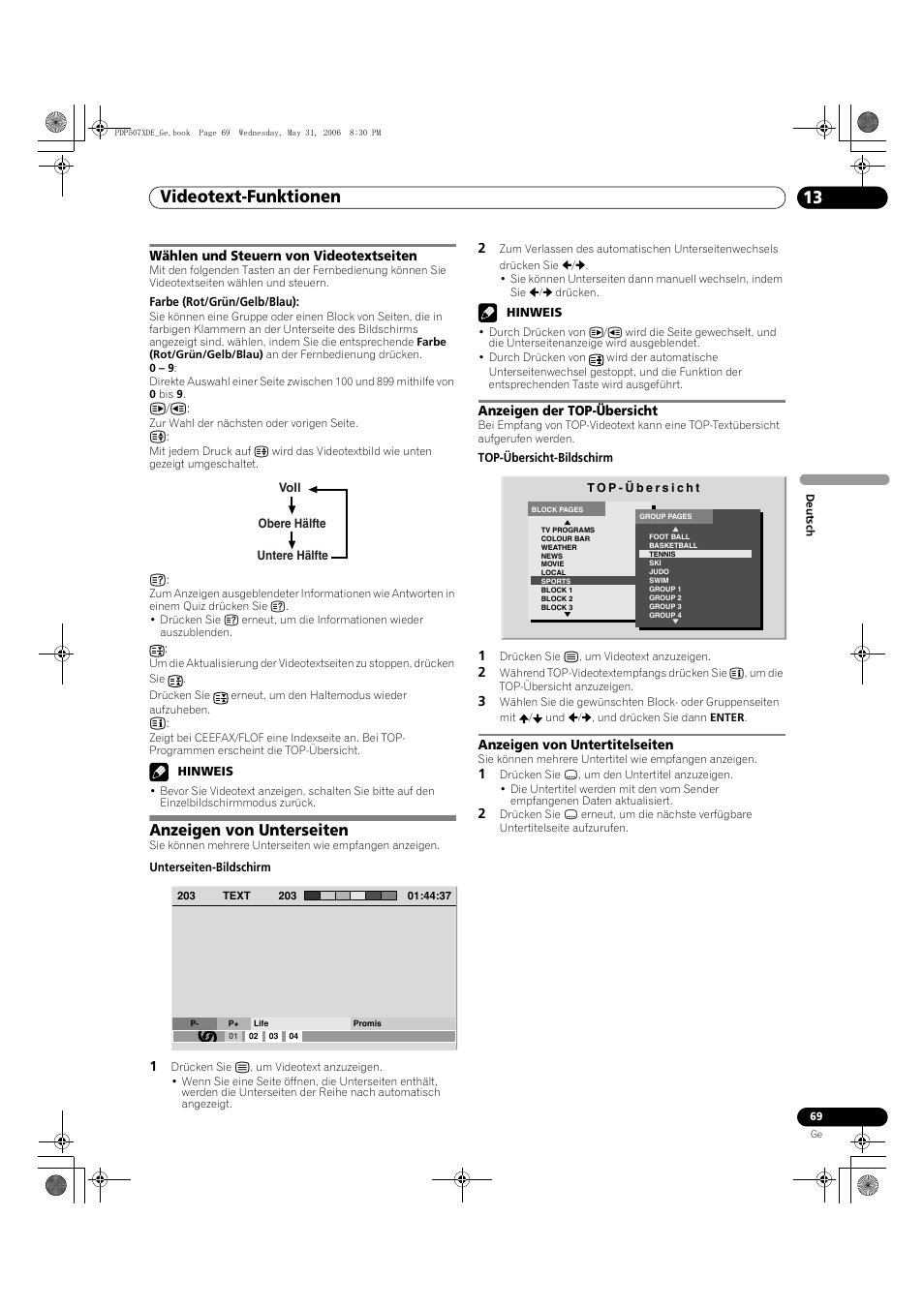 Wählen und steuern von videotextseiten, Anzeigen von unterseiten, Videotext-funktionen 13 | Pioneer PDP-507XD User Manual | Page 213 / 218