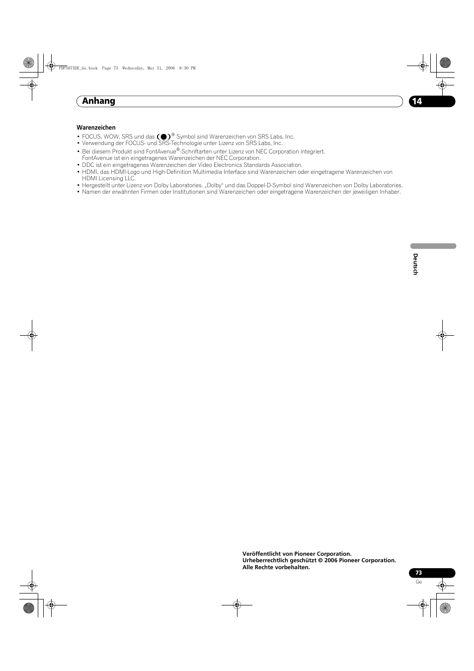Anhang 14 | Pioneer PDP-507XD User Manual | Page 217 / 218
