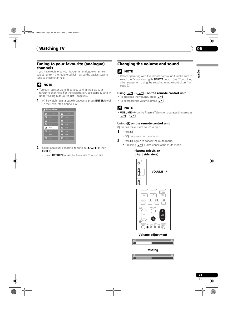 Watching tv 06, Tuning to your favourite (analogue) channels, Changing the volume and sound | Pioneer PDP-507XD User Manual | Page 23 / 218