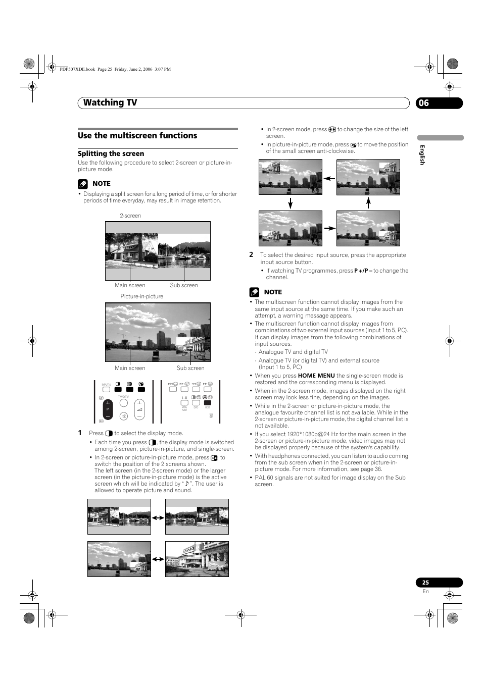 Use the multiscreen functions, Splitting the screen, Watching tv 06 | Pioneer PDP-507XD User Manual | Page 25 / 218