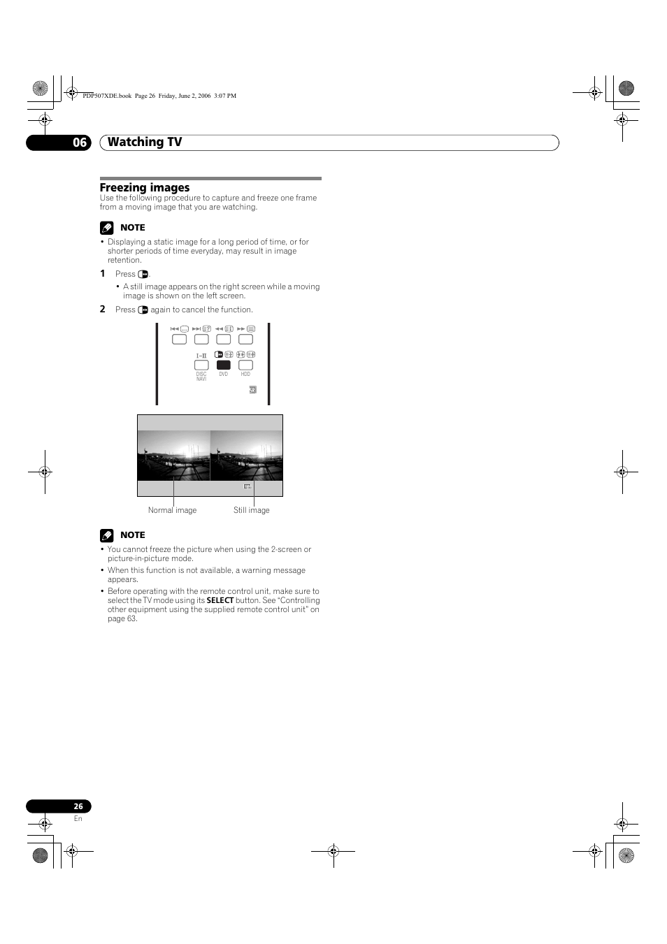 Freezing images, Watching tv 06 | Pioneer PDP-507XD User Manual | Page 26 / 218