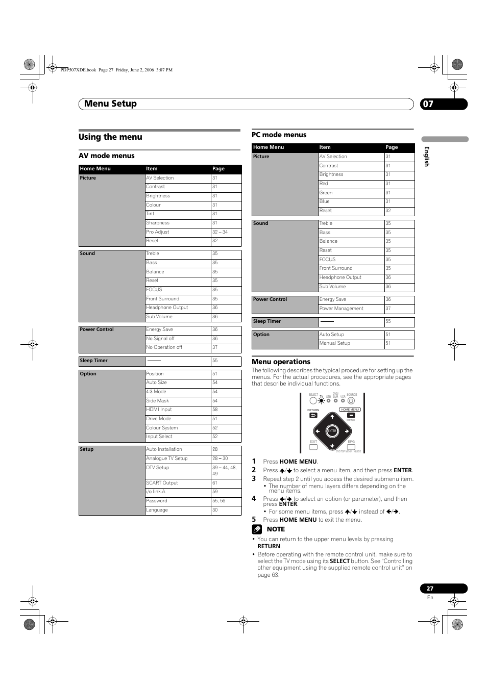 07 menu setup, Using the menu, Av mode menus pc mode menus menu operations | Menu setup 07, Menu setup | Pioneer PDP-507XD User Manual | Page 27 / 218