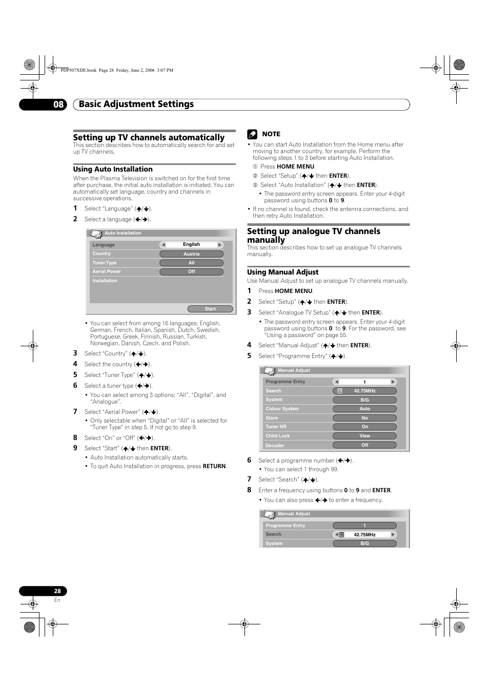08 basic adjustment settings, Setting up tv channels automatically, Using auto installation | Setting up analogue tv channels manually, Using manual adjust | Pioneer PDP-507XD User Manual | Page 28 / 218