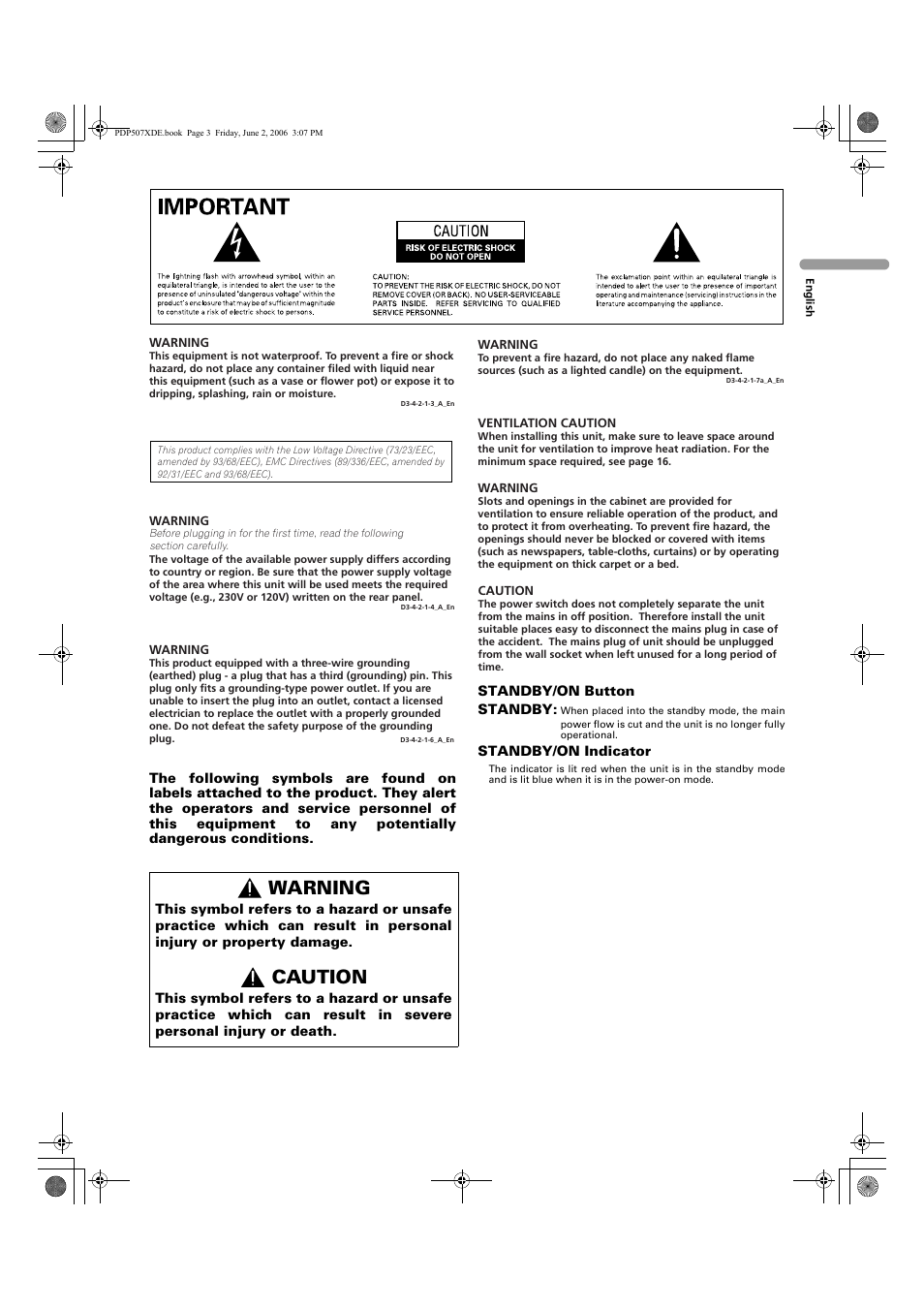 Warning, Caution | Pioneer PDP-507XD User Manual | Page 3 / 218