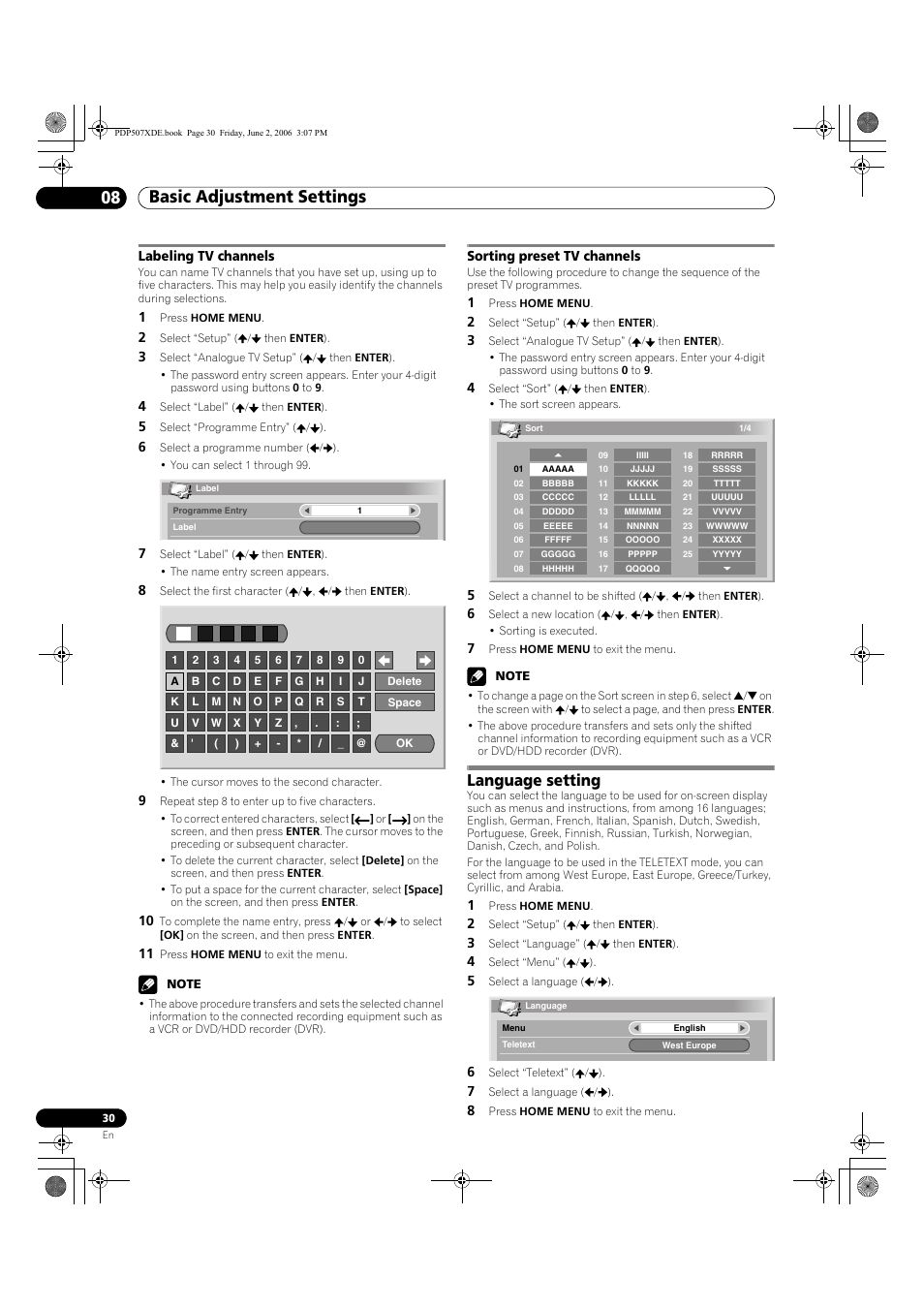 Labeling tv channels sorting preset tv channels, Language setting, Basic adjustment settings 08 | Pioneer PDP-507XD User Manual | Page 30 / 218