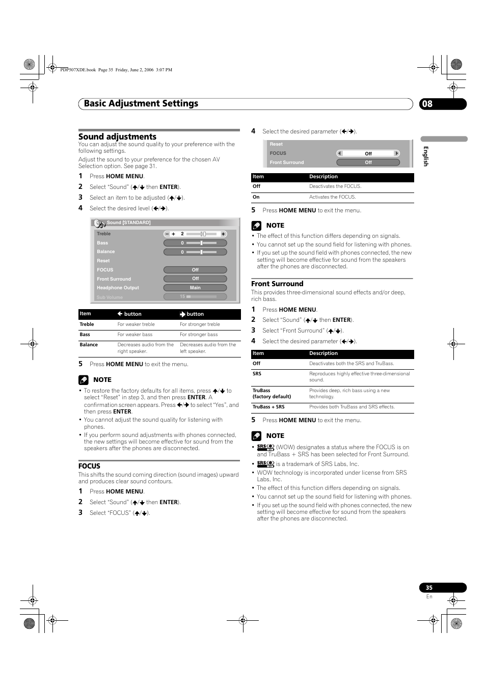 Sound adjustments, Focus front surround, Basic adjustment settings 08 | Pioneer PDP-507XD User Manual | Page 35 / 218