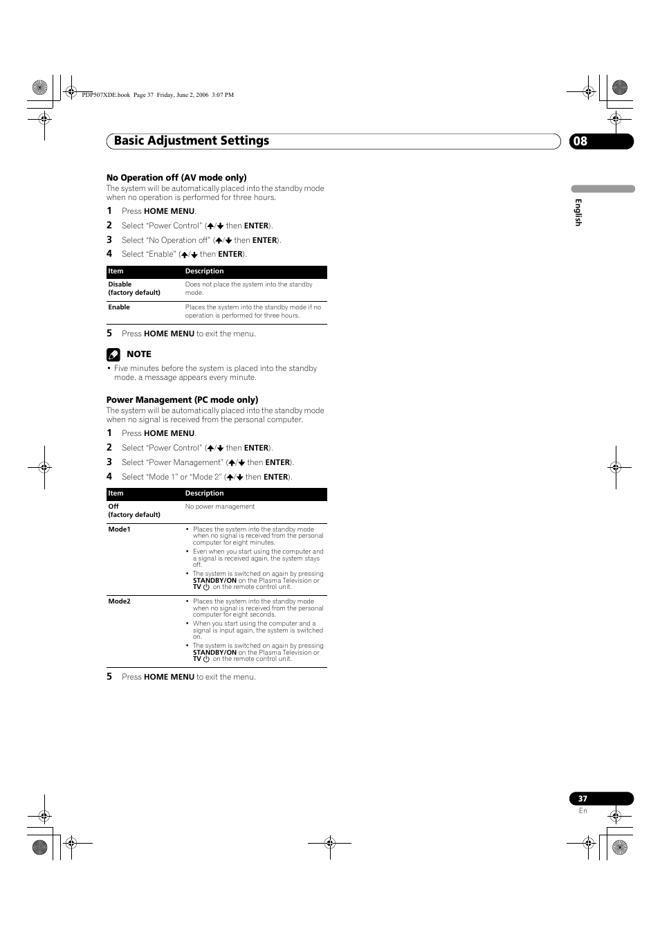 Basic adjustment settings 08 | Pioneer PDP-507XD User Manual | Page 37 / 218