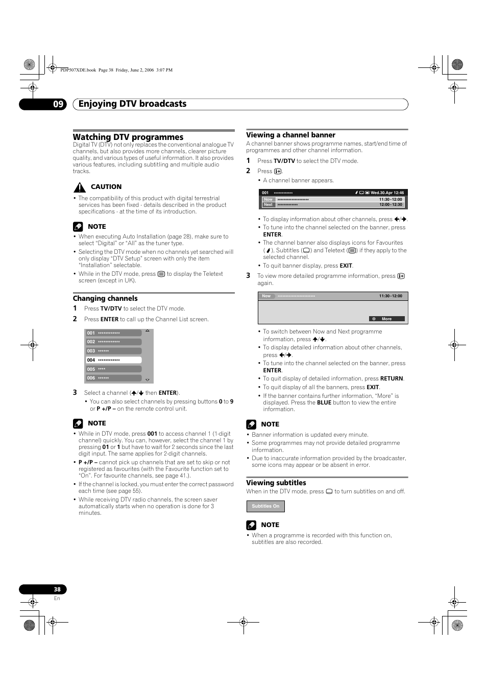 09 enjoying dtv broadcasts, Watching dtv programmes, Enjoying dtv broadcasts 09 enjoying dtv broadcasts | Pioneer PDP-507XD User Manual | Page 38 / 218