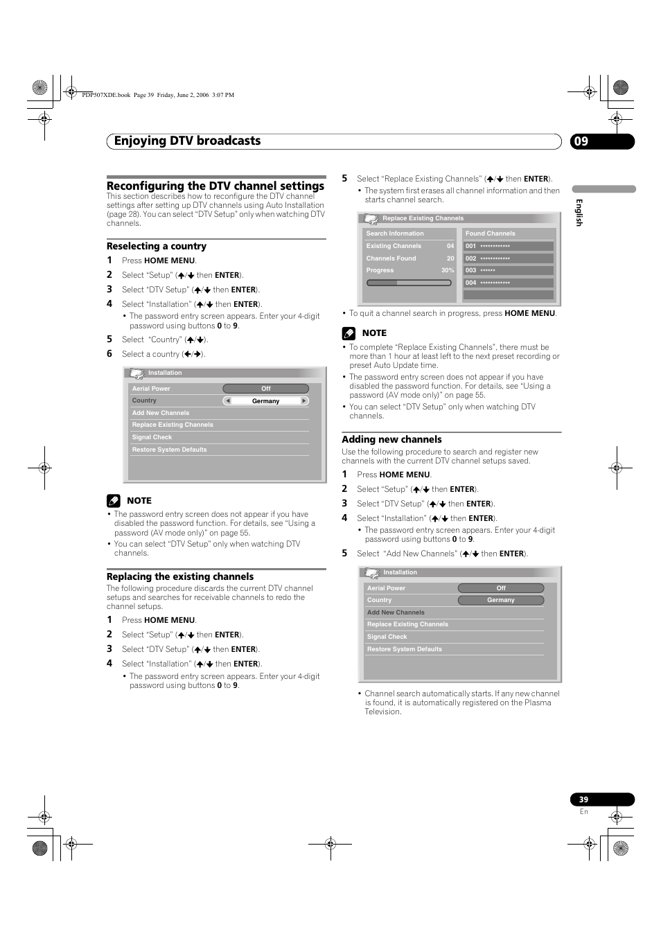 Reconfiguring the dtv channel settings, Enjoying dtv broadcasts 09 | Pioneer PDP-507XD User Manual | Page 39 / 218