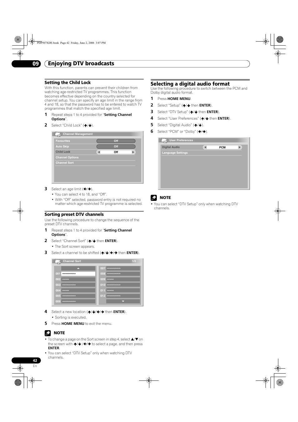 Setting the child lock sorting preset dtv channels, Selecting a digital audio format, Enjoying dtv broadcasts 09 | Pioneer PDP-507XD User Manual | Page 42 / 218